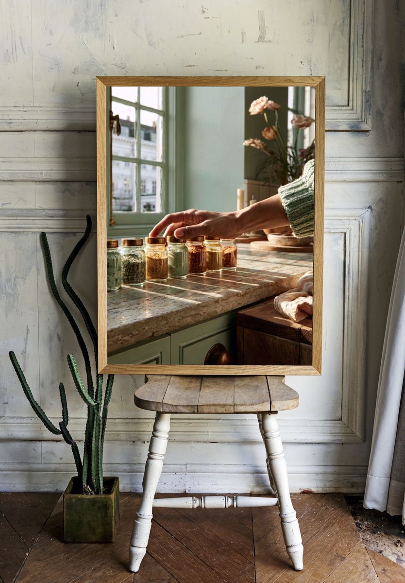Sunlit Kitchen Herbs Photography Poster. room preview