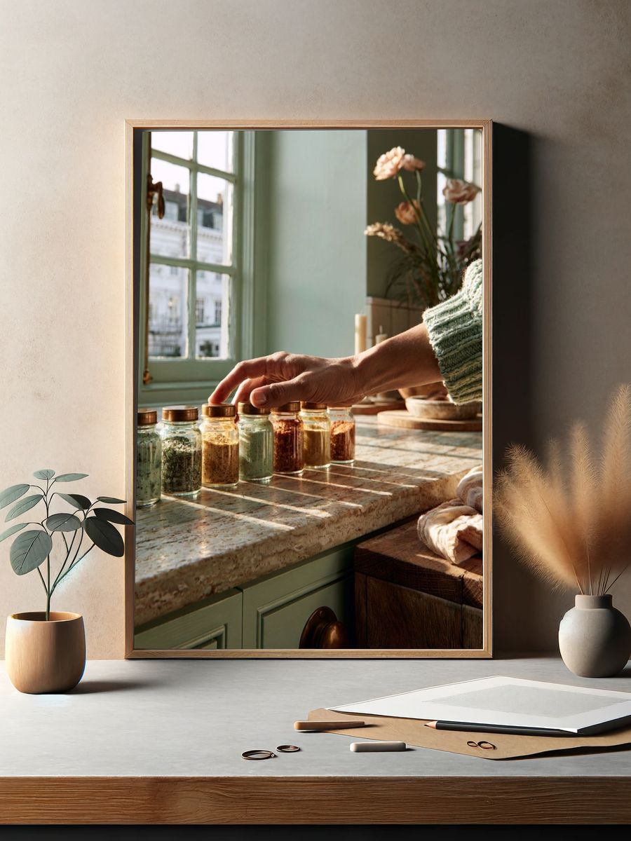 Sunlit Kitchen Herbs Photography Poster. — room view 2