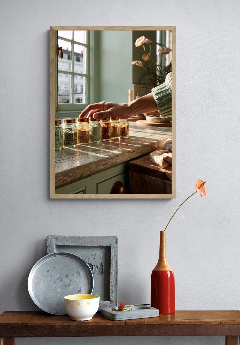 Sunlit Kitchen Herbs Photography Poster. — room view 3