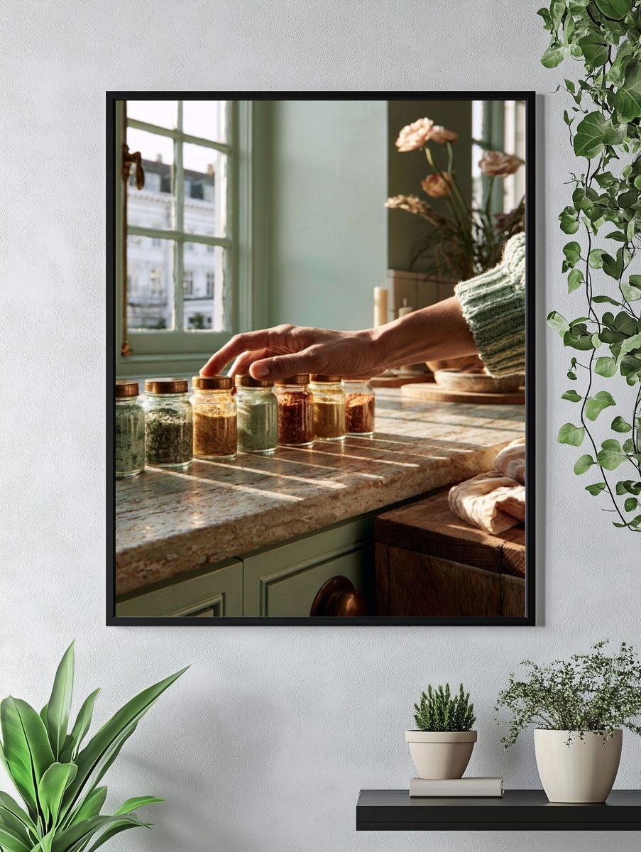 Sunlit Kitchen Herbs Photography Poster. — room view 4