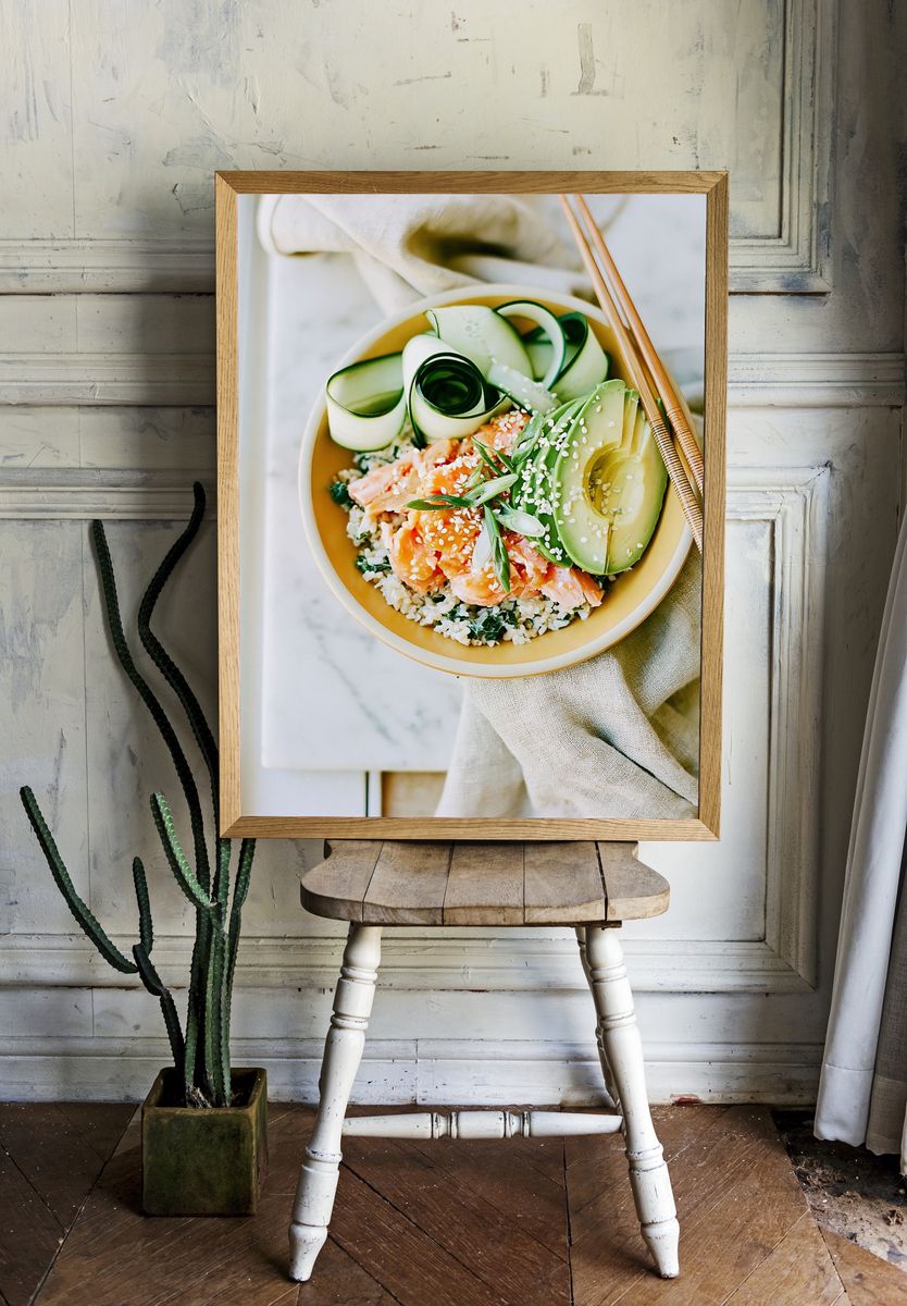 Avocado Salmon Bowl Photography Poster. room preview