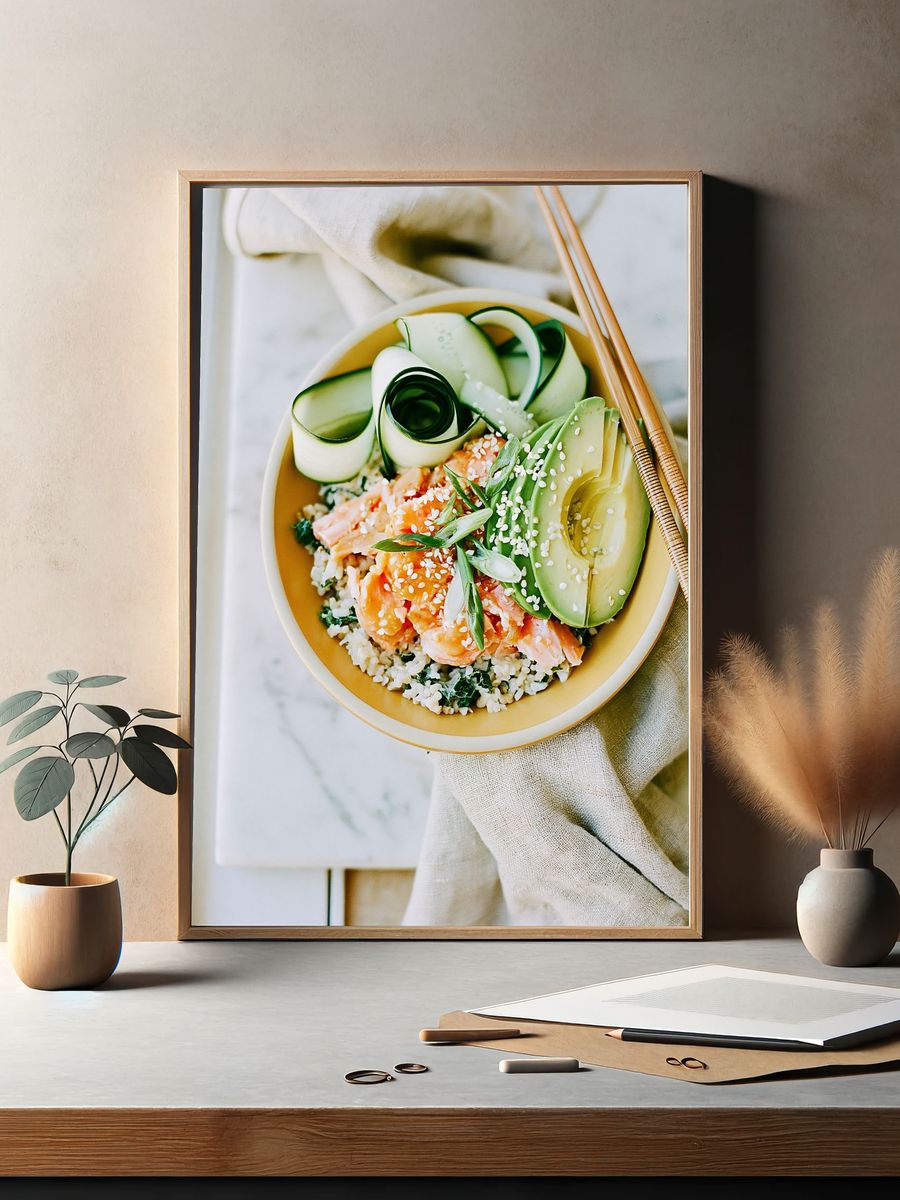 Avocado Salmon Bowl Photography Poster. — room view 2