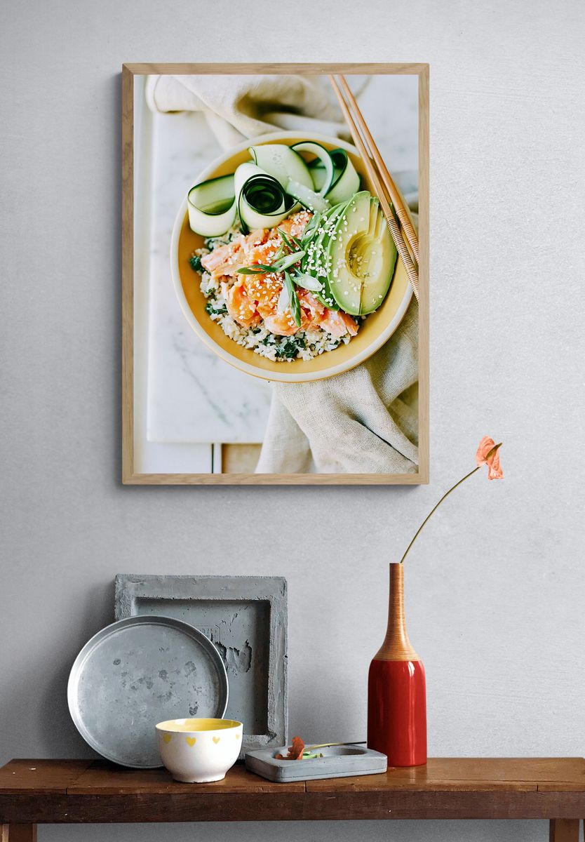 Avocado Salmon Bowl Photography Poster. — room view 3