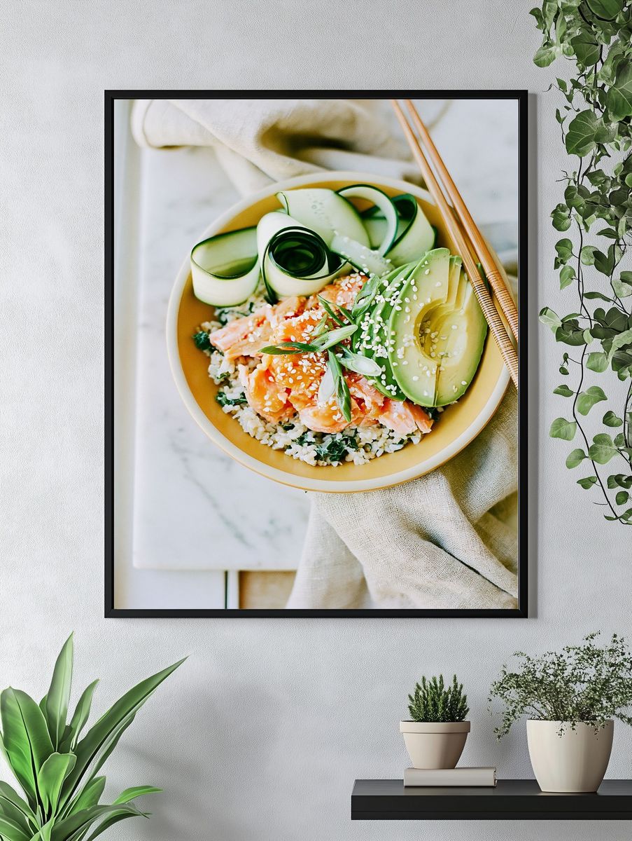 Avocado Salmon Bowl Photography Poster. — room view 4