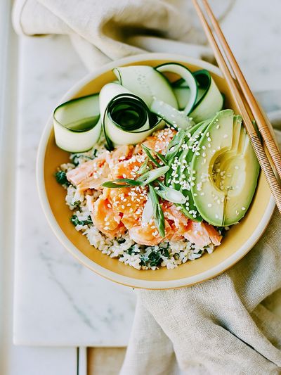 Avocado Salmon Bowl Photography Poster. poster