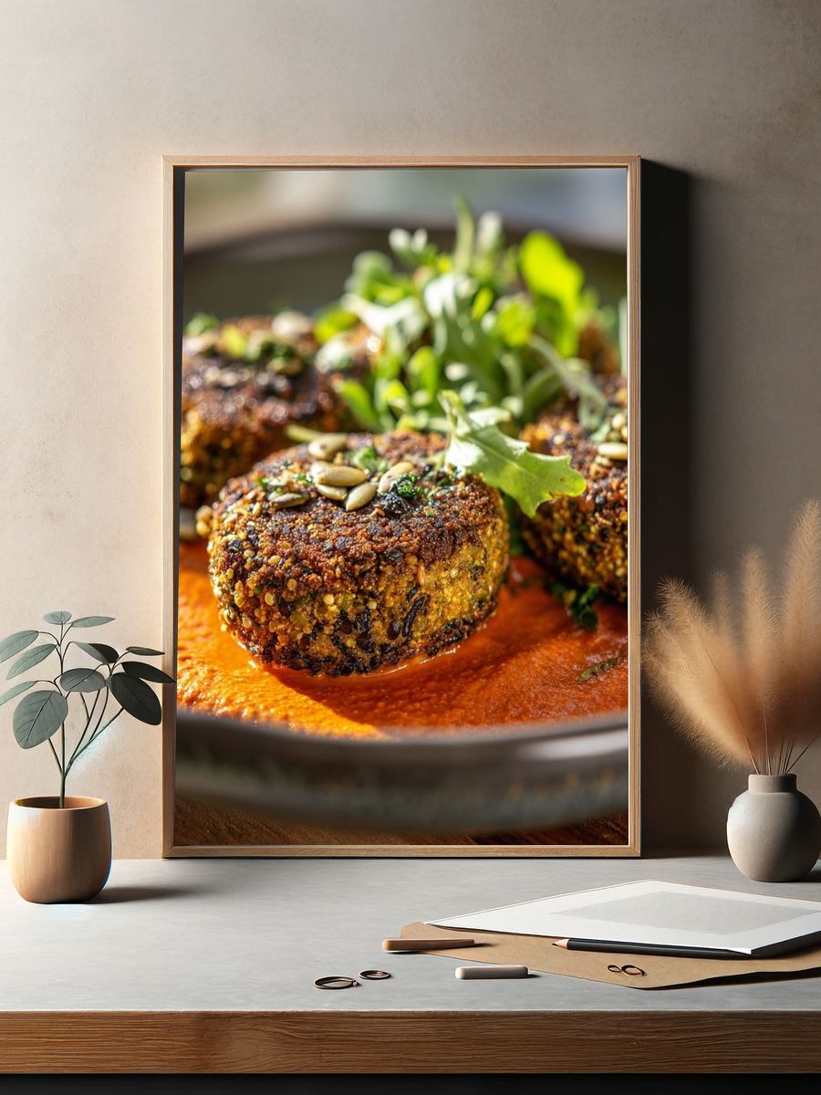 Gourmet Seed-Crusted Patties Photography Poster. — room view 2