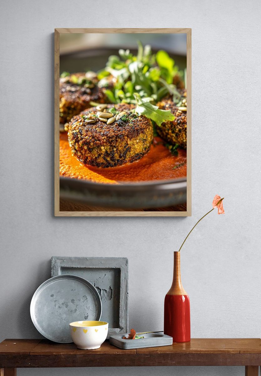 Gourmet Seed-Crusted Patties Photography Poster. — room view 3