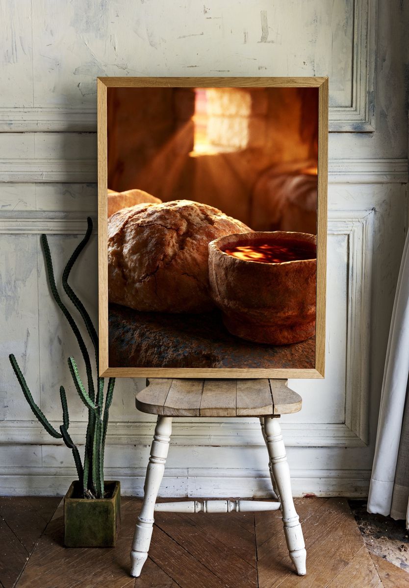 Rustic Bread and Wine Still Life Print. — room view 1