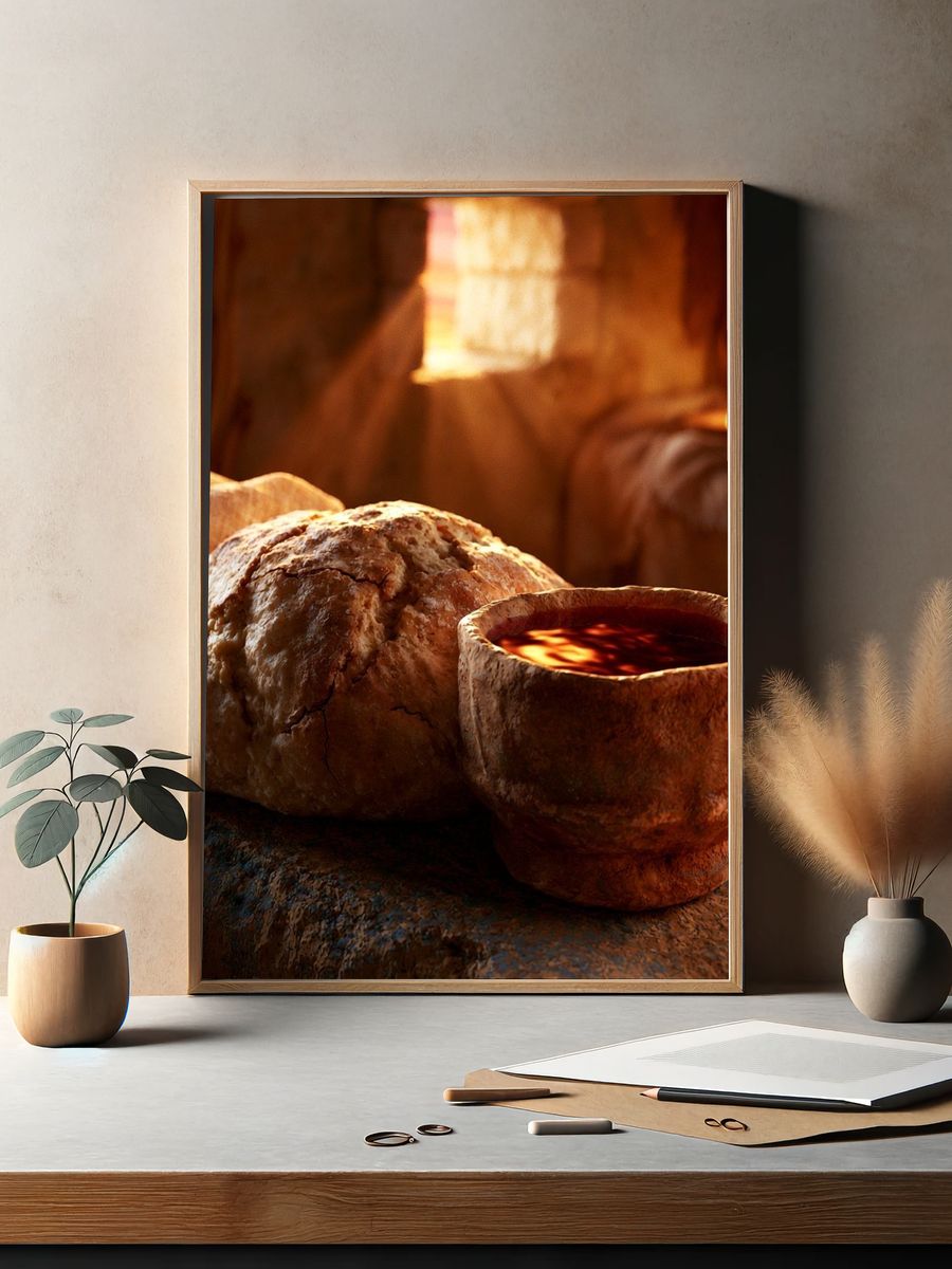 Rustic Bread and Wine Still Life Print. — room view 2
