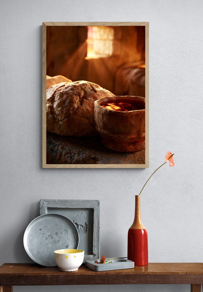 Rustic Bread and Wine Still Life Print. — room view 3