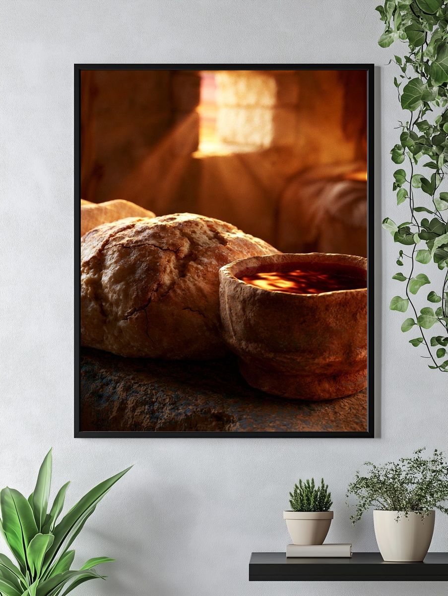 Rustic Bread and Wine Still Life Print. — room view 4