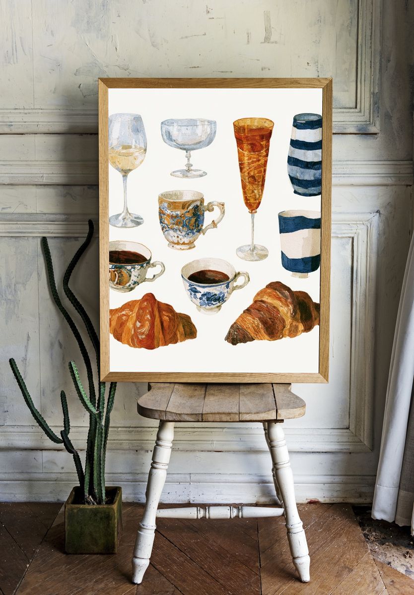 Tea and Pastries Watercolor Print. room preview