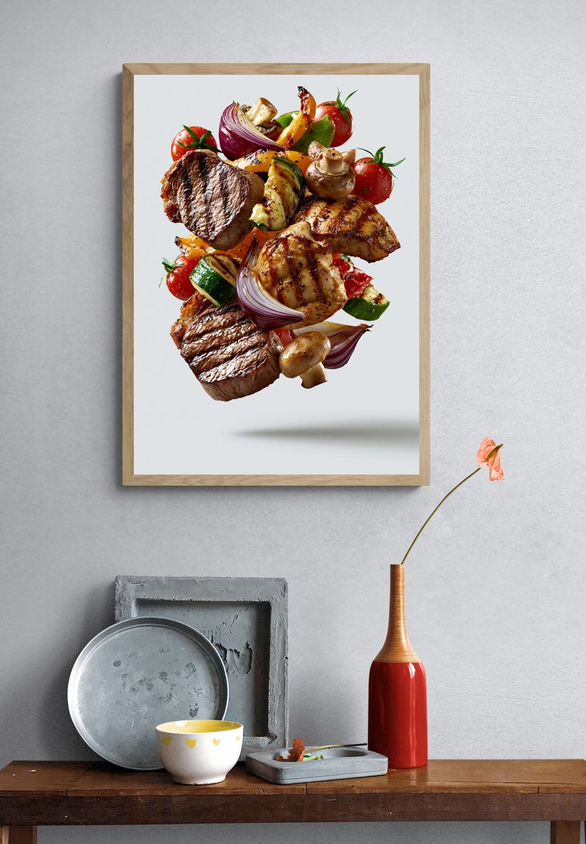 Grilled Steak and Vegetables Food Print. — room view 3