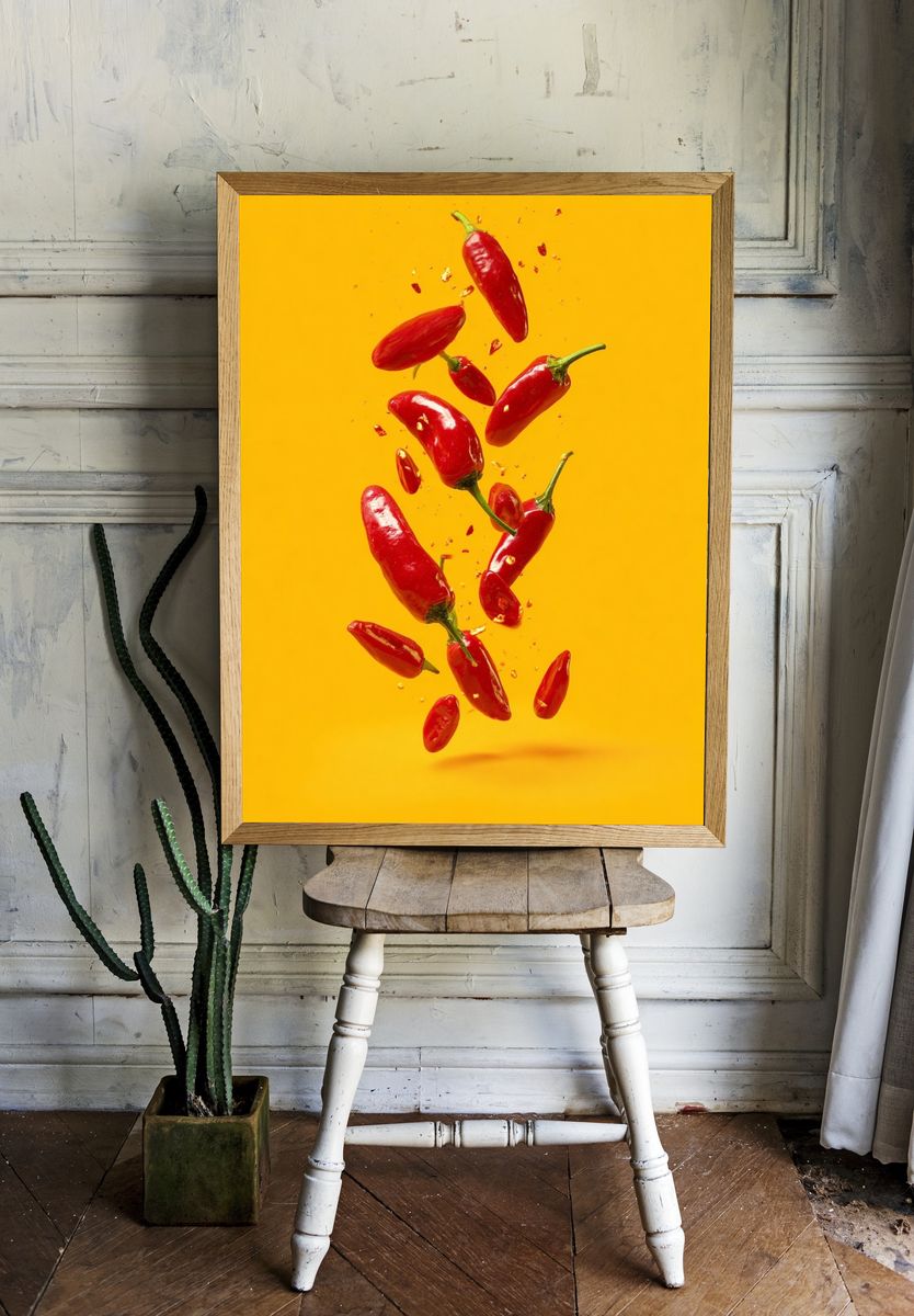 Floating Chili Peppers Photography Poster. room preview