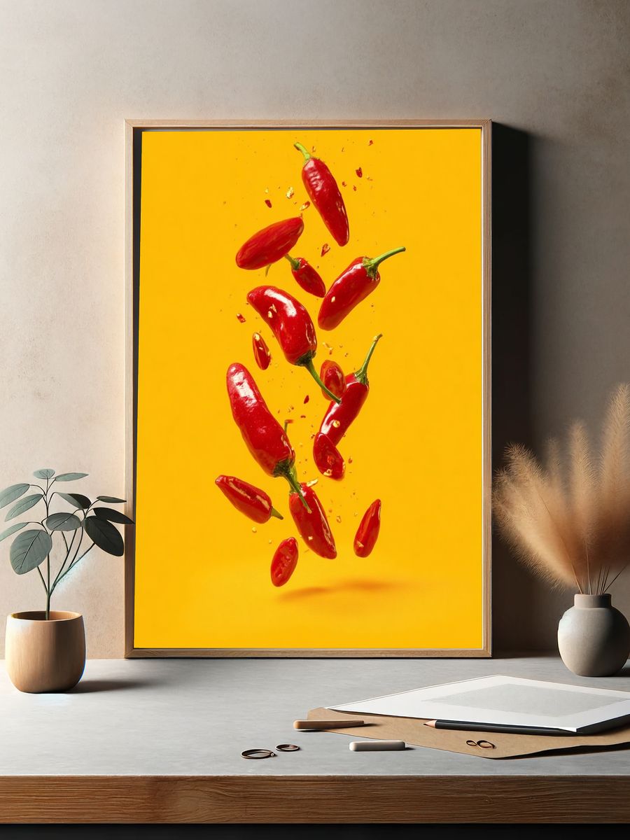 Floating Chili Peppers Photography Poster. — room view 2