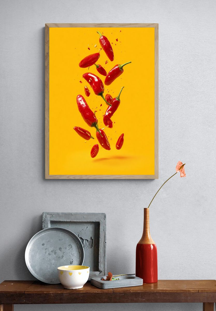 Floating Chili Peppers Photography Poster. — room view 3