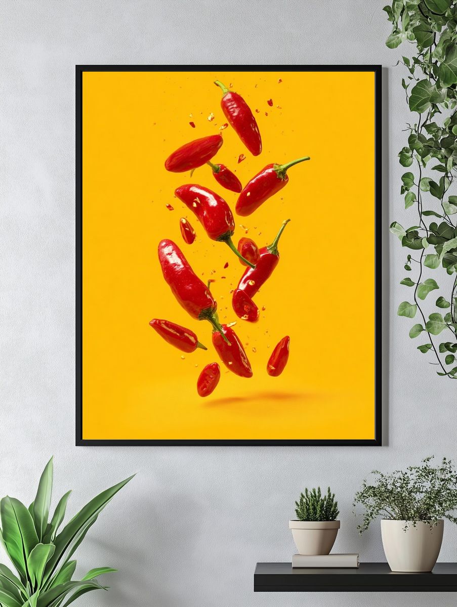 Floating Chili Peppers Photography Poster. — room view 4