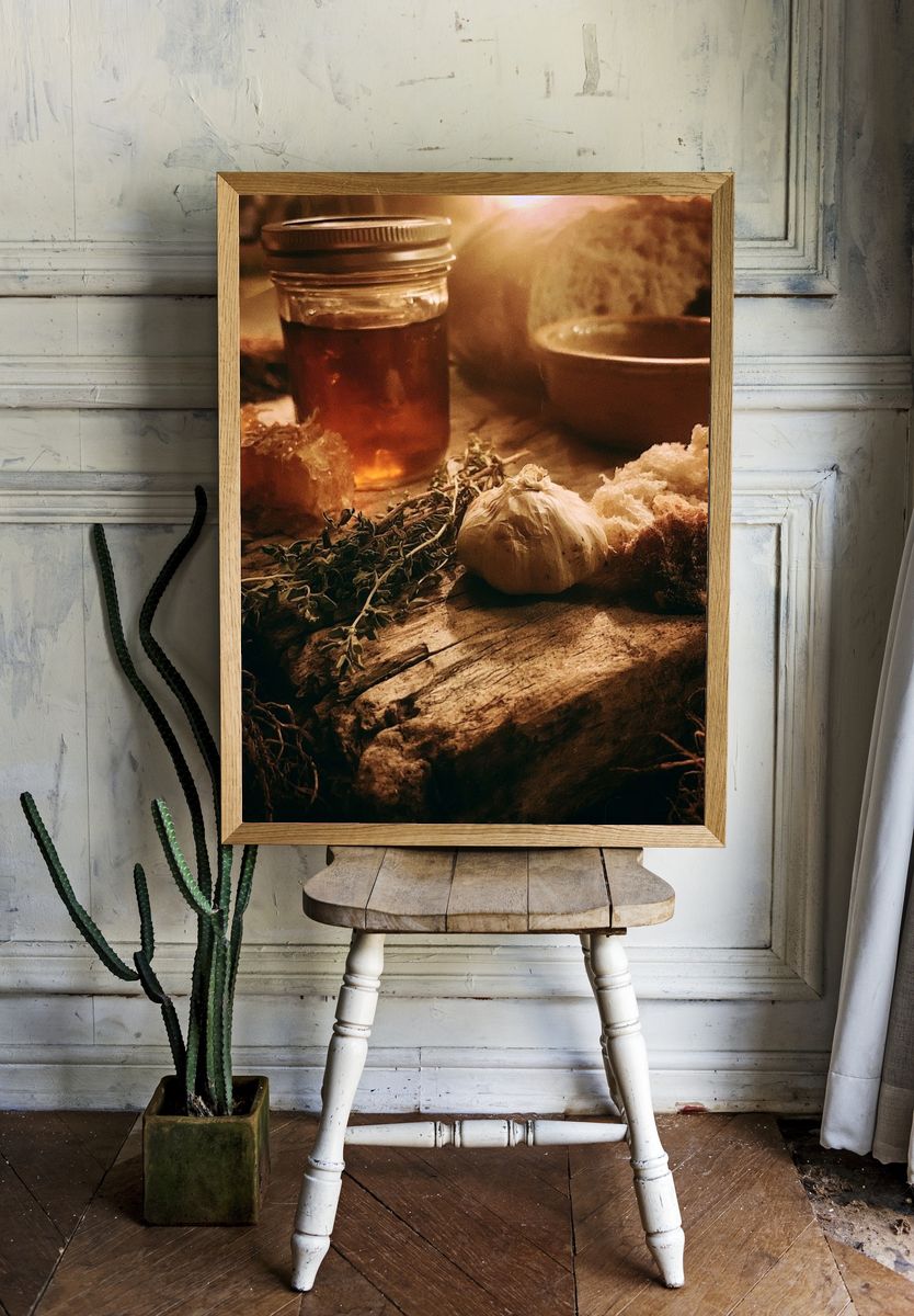Rustic Honey and Garlic Still Life Poster. room preview