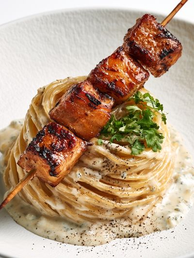 Grilled Skewer Pasta Food-Drink Poster. poster