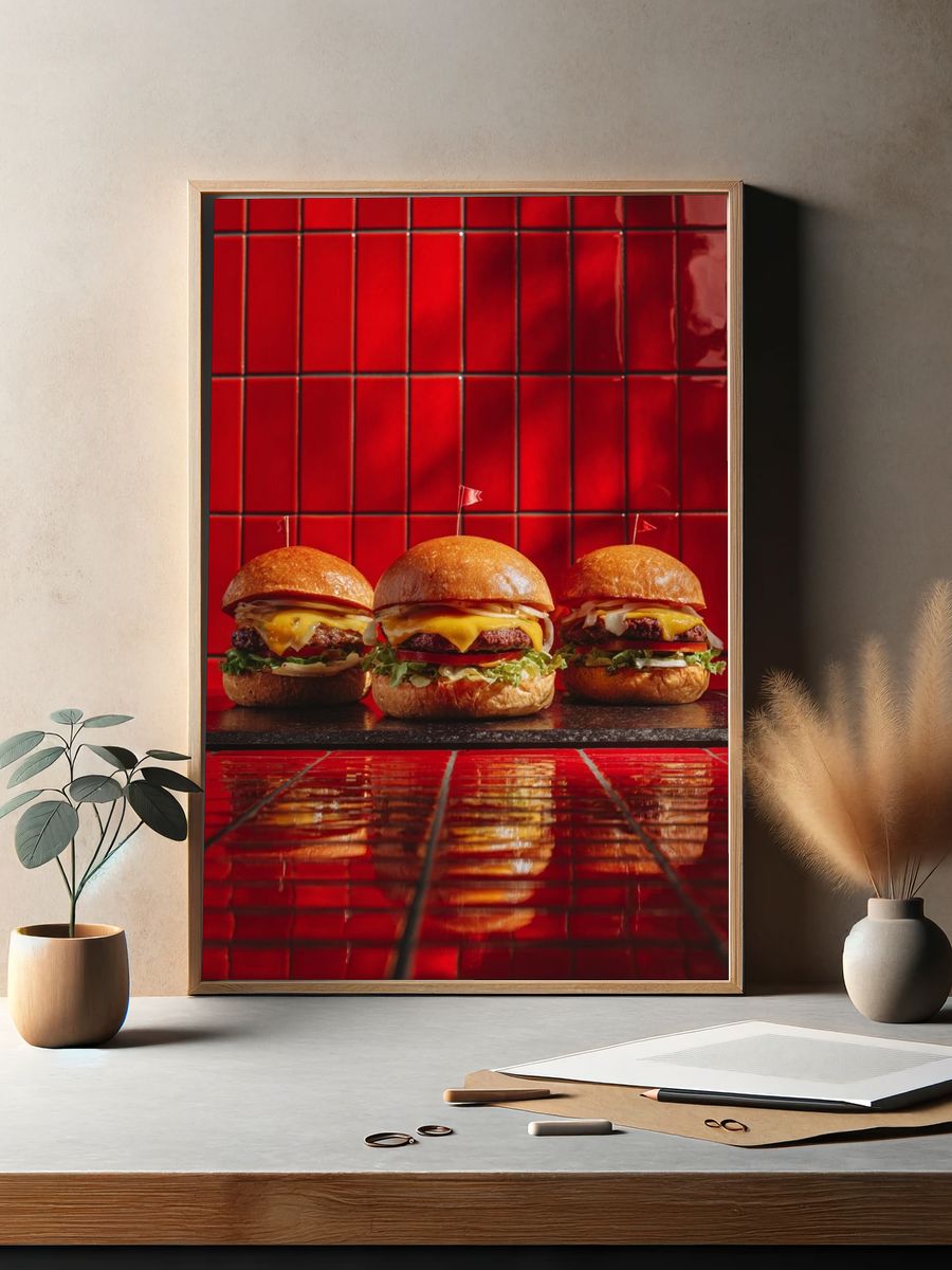Cheeseburger Trio Photography Poster. — room view 2
