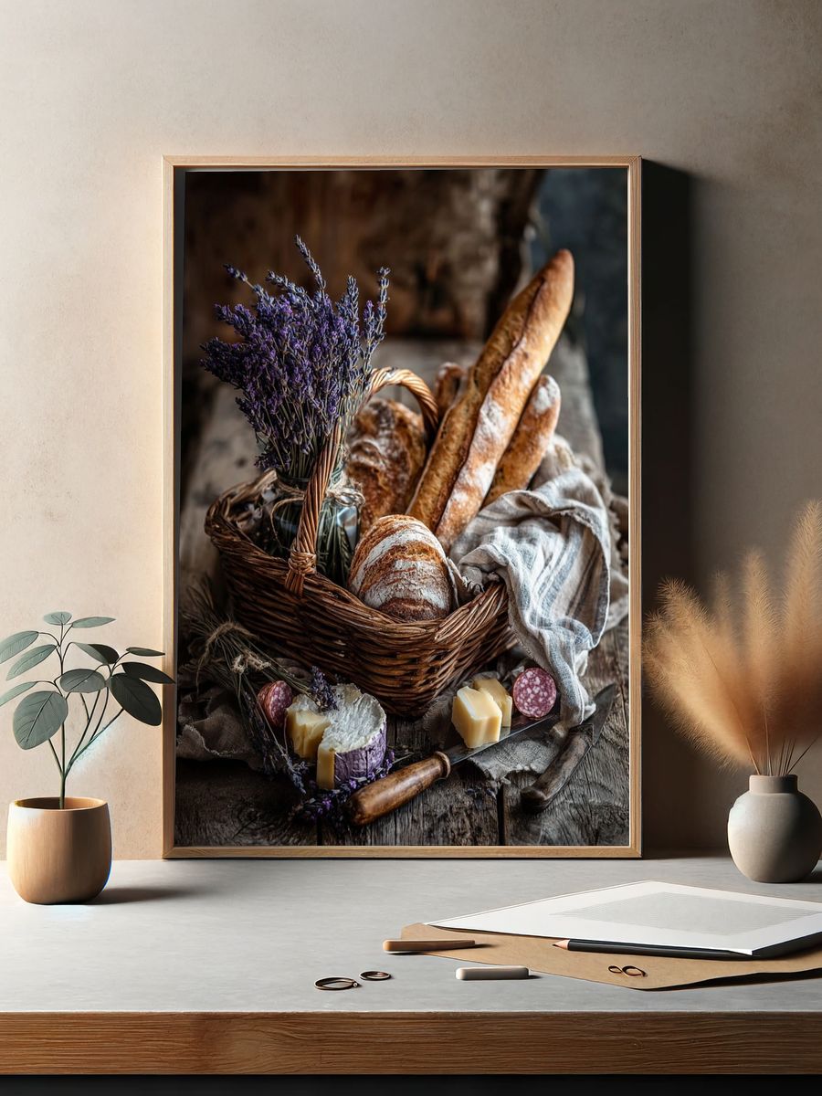 Rustic Bread and Lavender Still Life Poster. — room view 2