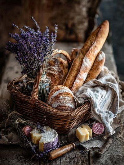 Rustic Bread and Lavender Still Life Poster