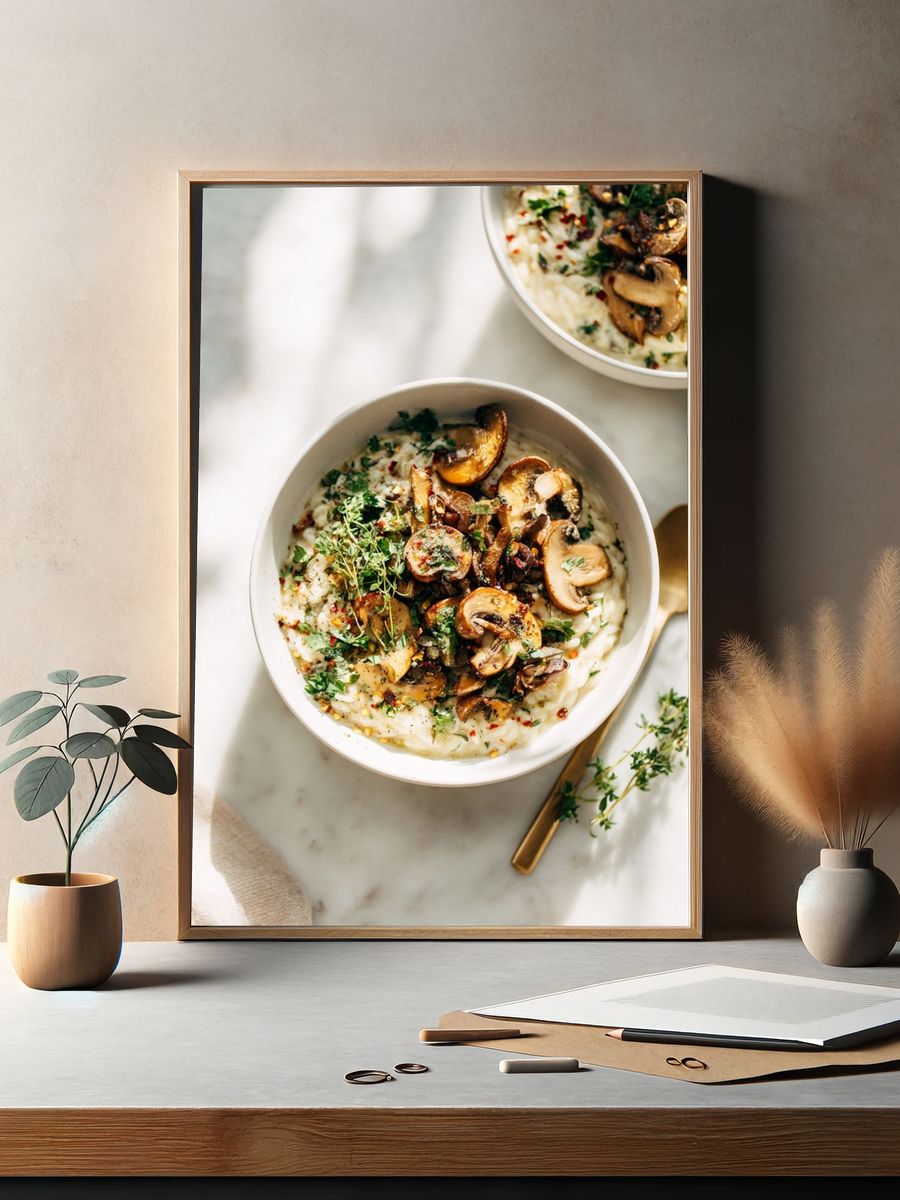 Mushroom Risotto Food Photography Poster. — room view 2