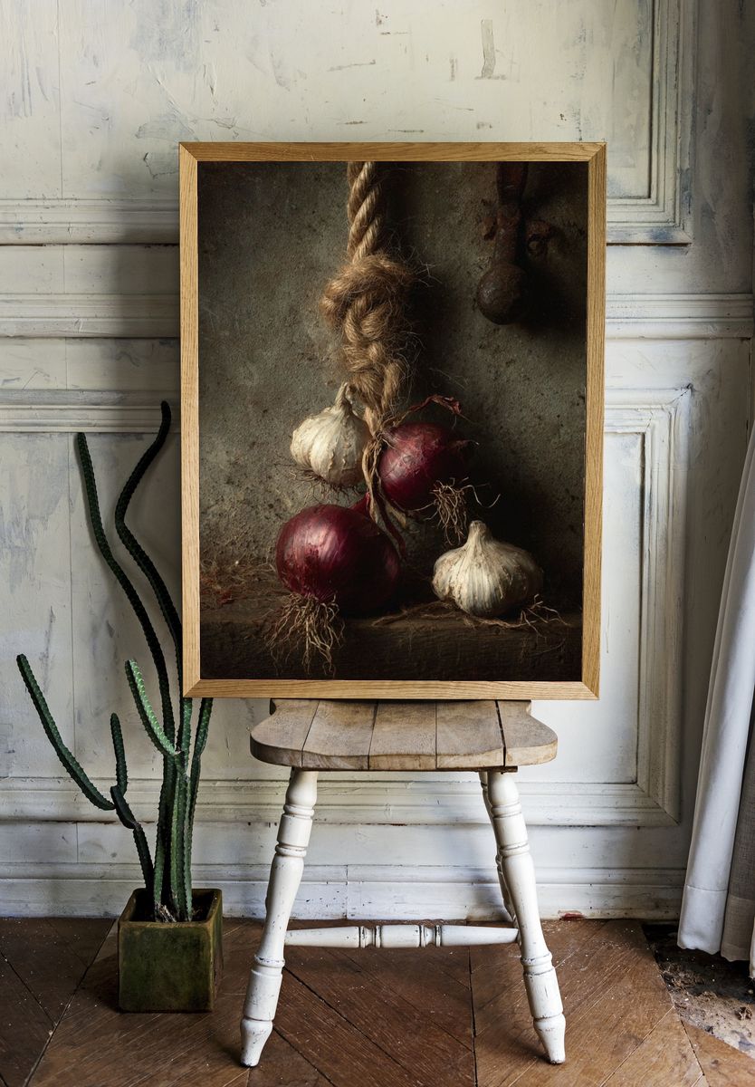 Rustic Garlic and Onions Still Life Print. — room view 1