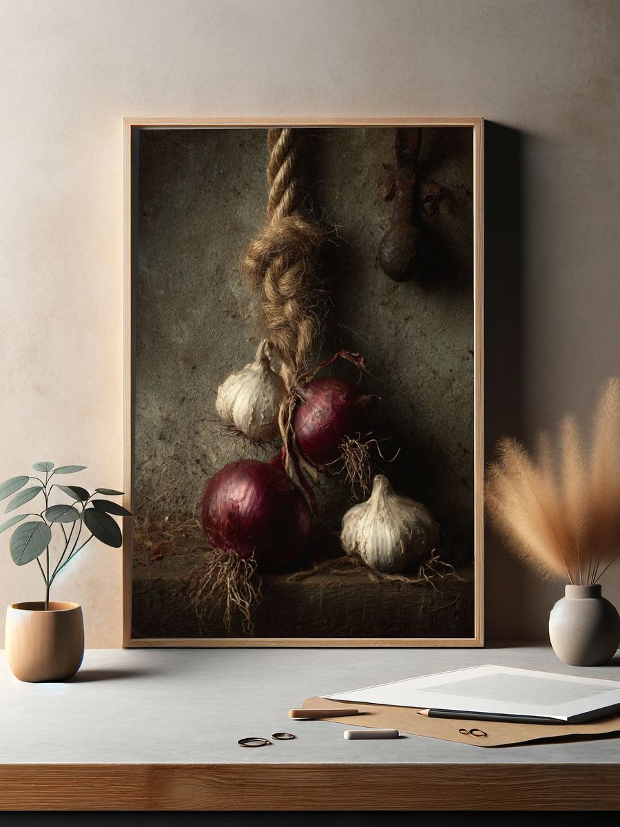 Rustic Garlic and Onions Still Life Print. — room view 2