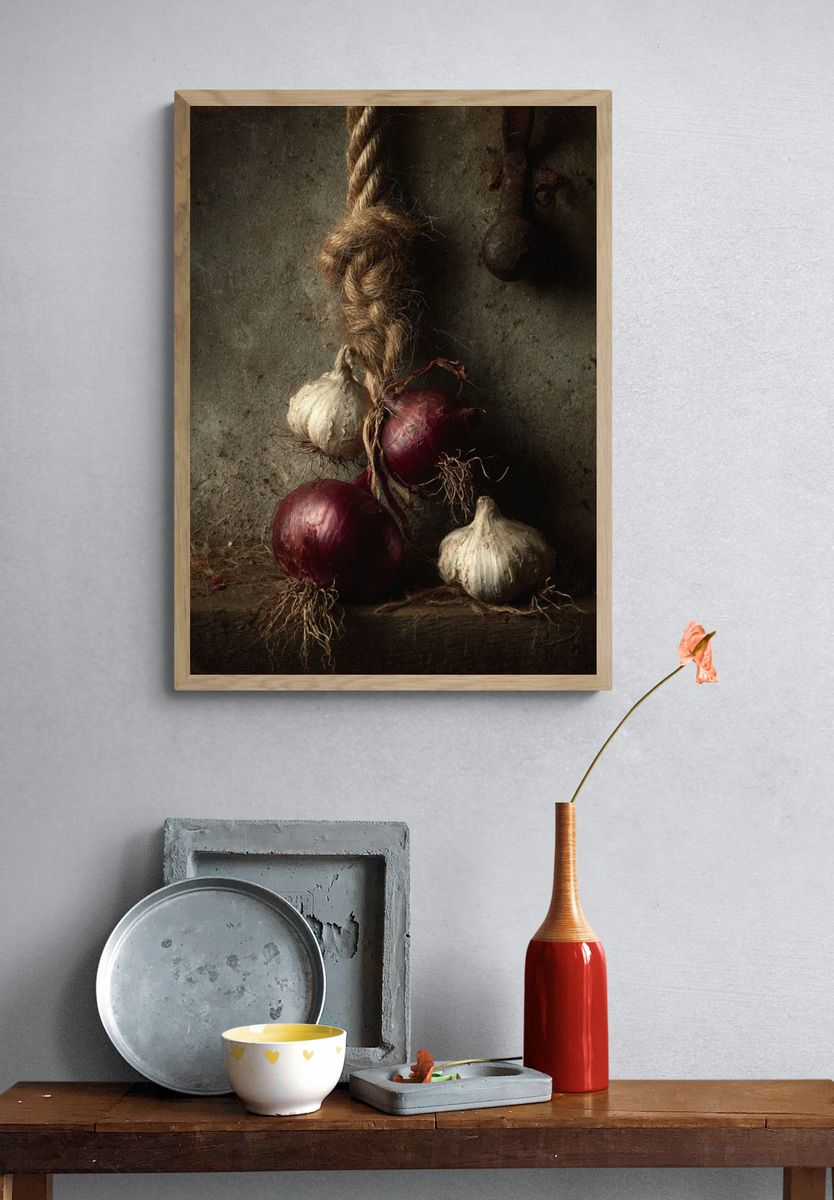 Rustic Garlic and Onions Still Life Print. — room view 3