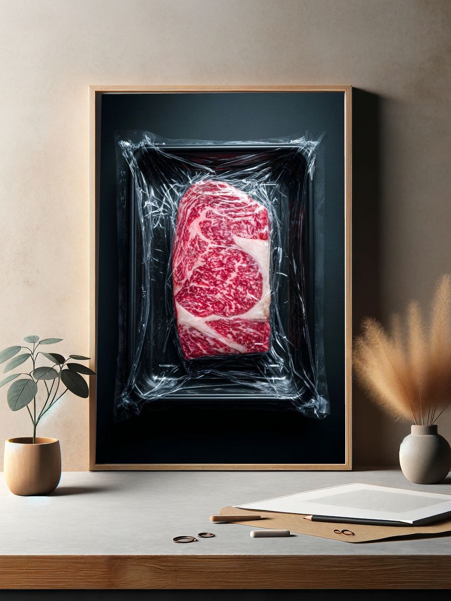 Vacuum-Sealed Steak Photography Poster. — room view 2