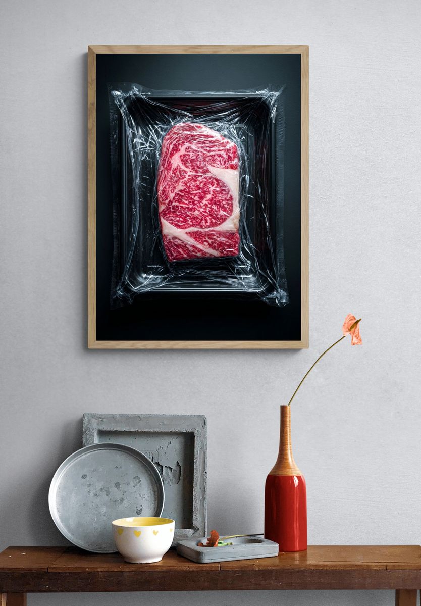 Vacuum-Sealed Steak Photography Poster. — room view 3