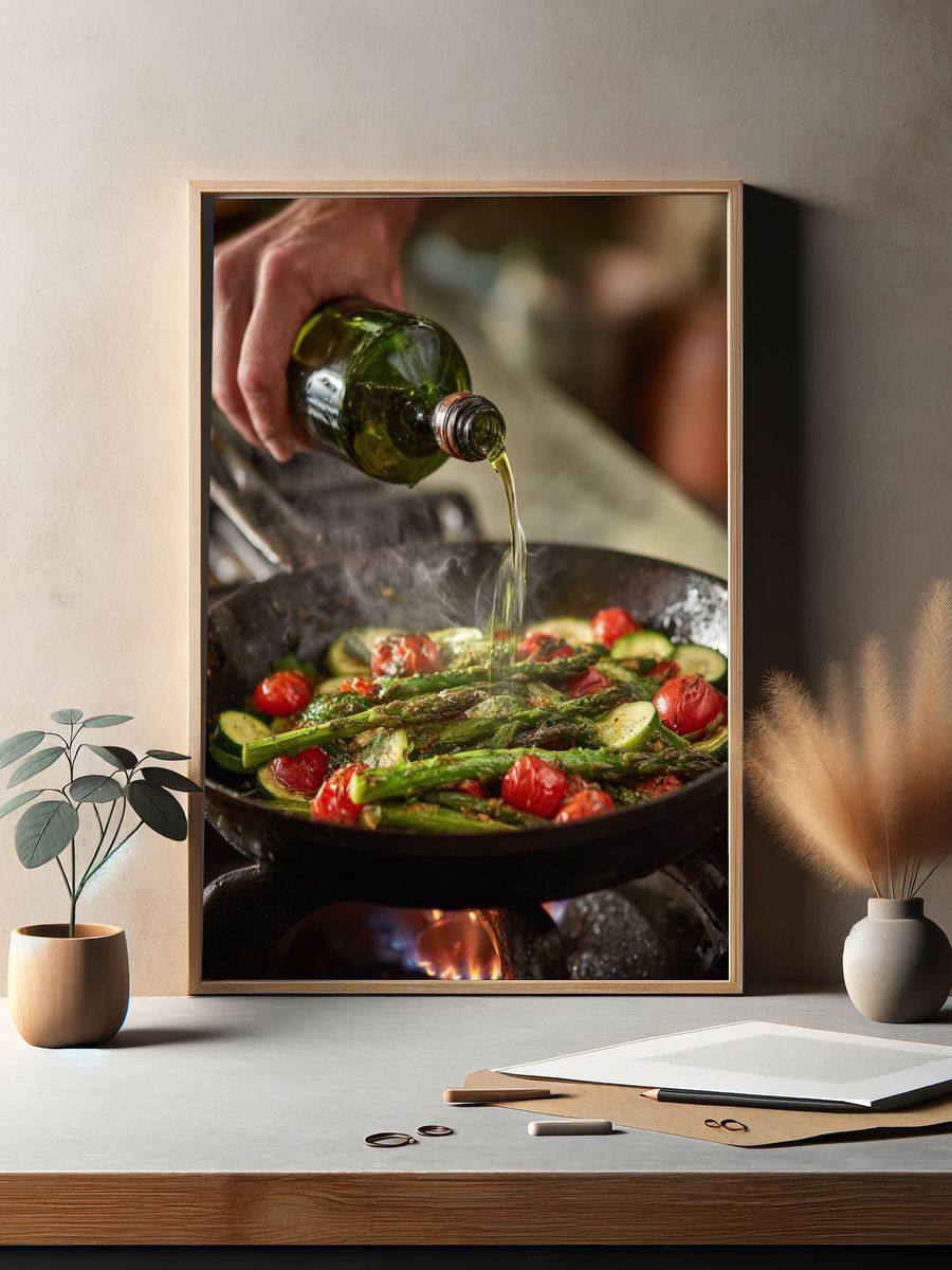 Olive Oil Sizzle Kitchen Photography Poster. — room view 2