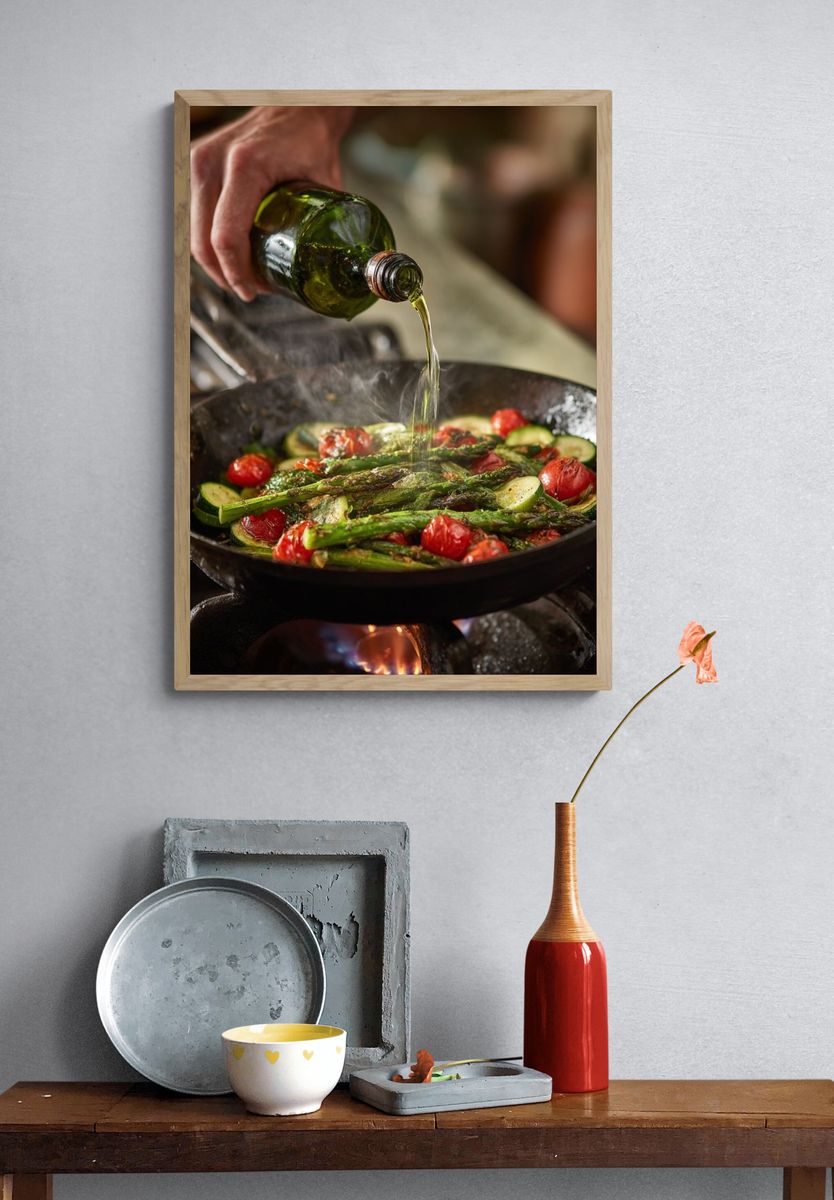 Olive Oil Sizzle Kitchen Photography Poster. — room view 3