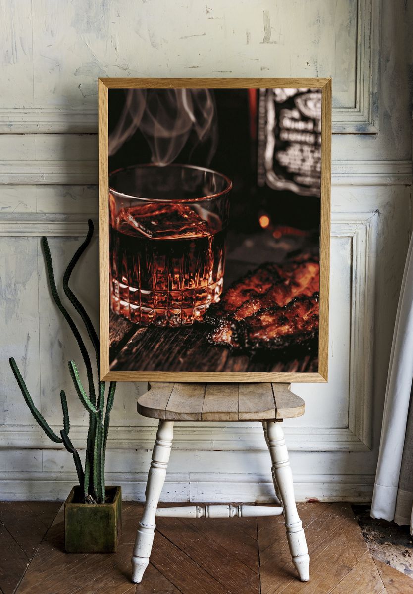 Whiskey and Steak Still Life Poster. room preview