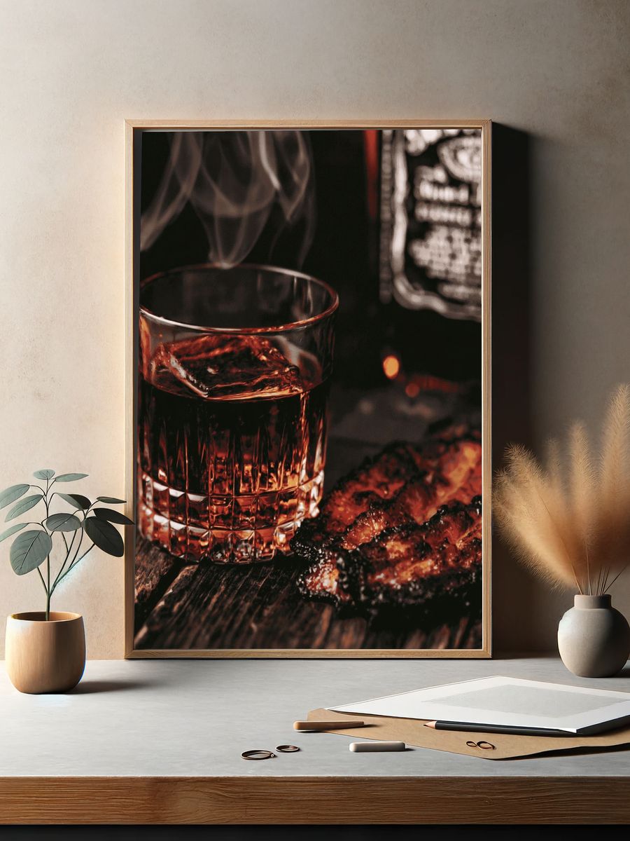 Whiskey and Steak Still Life Poster. — room view 2