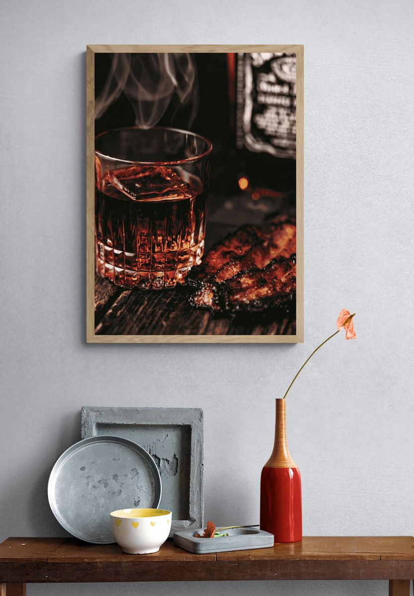 Whiskey and Steak Still Life Poster. — room view 3