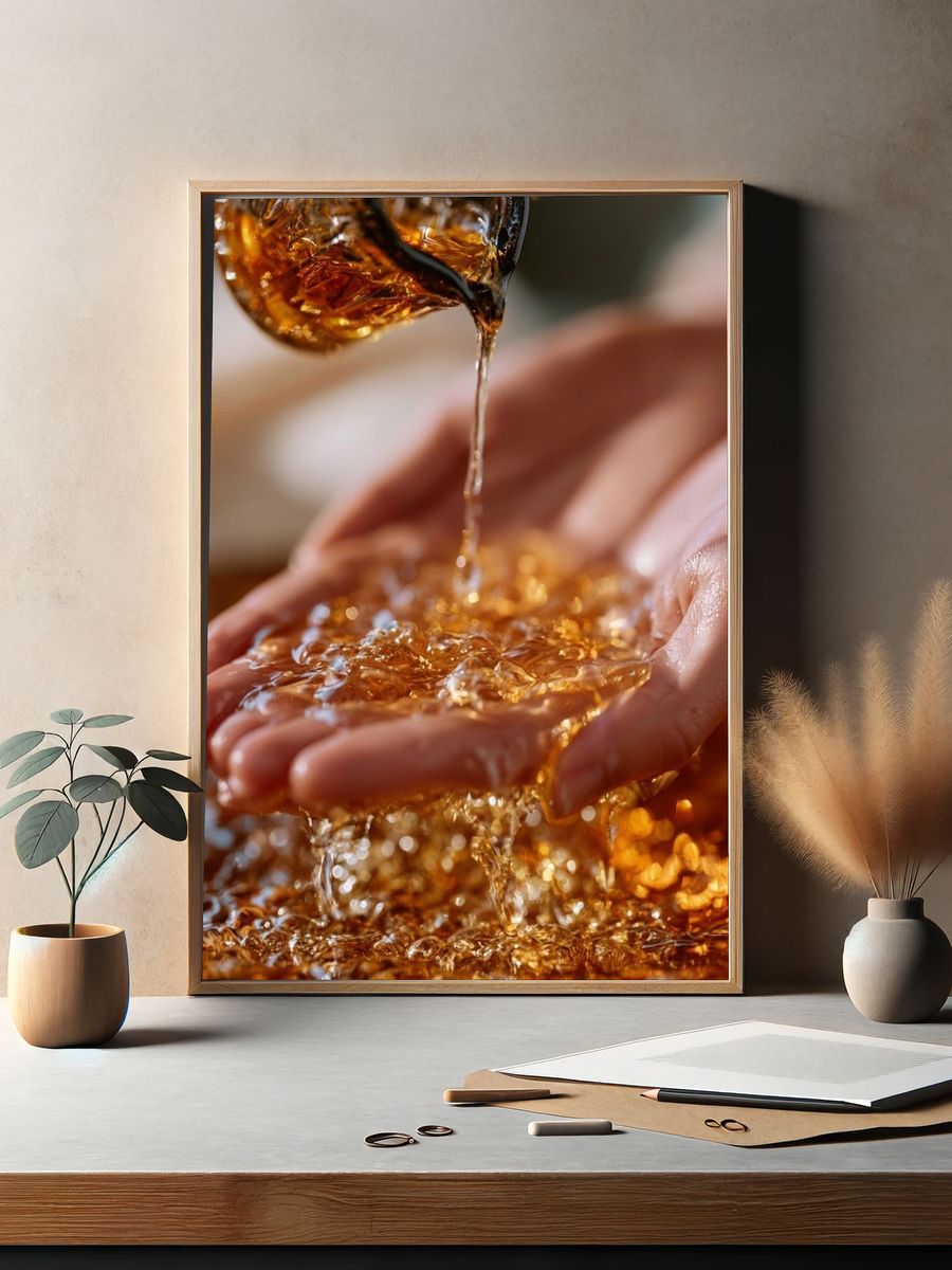 Golden Honey Pour Photography Poster. — room view 2