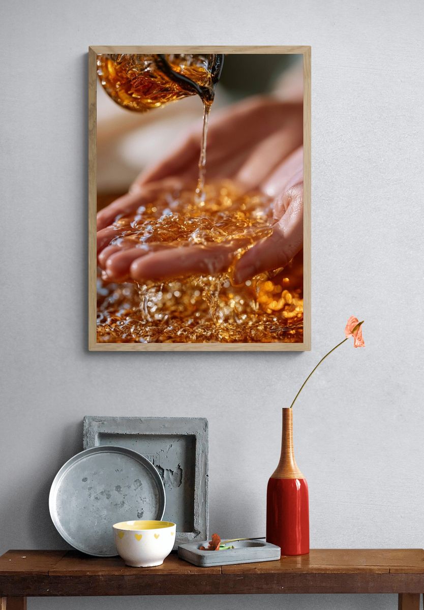 Golden Honey Pour Photography Poster. — room view 3