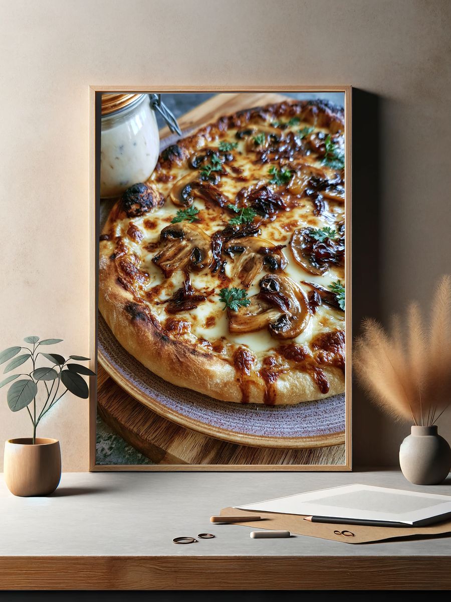Mushroom Pizza Food Photography Poster. — room view 2