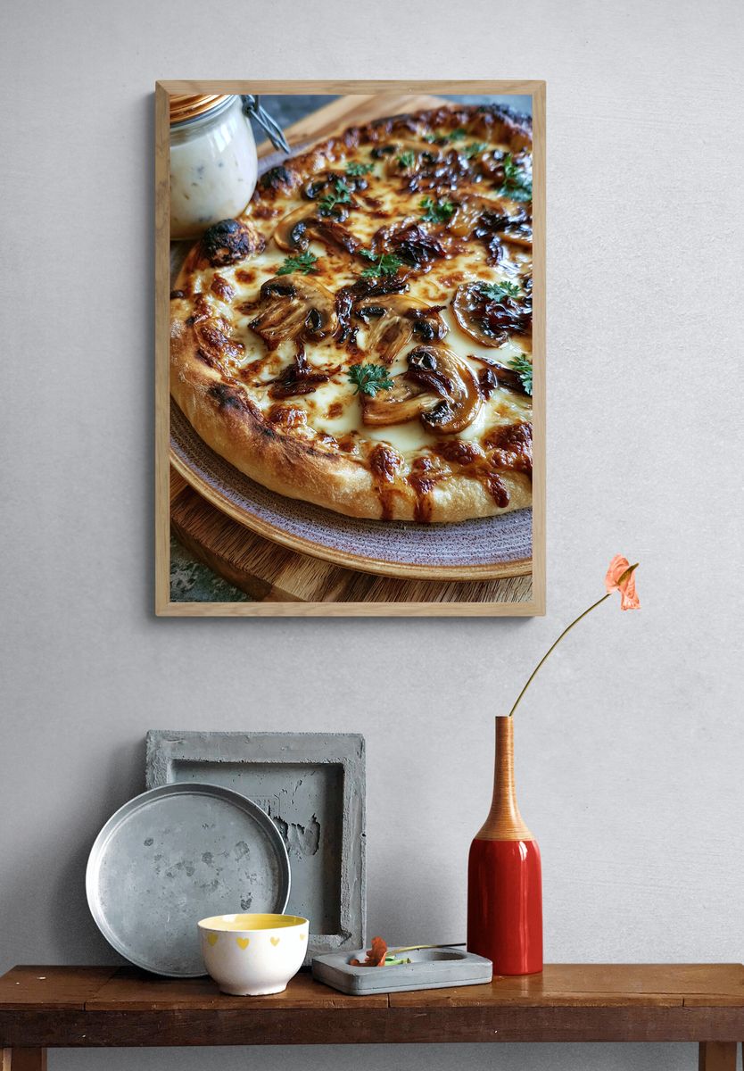 Mushroom Pizza Food Photography Poster. — room view 3