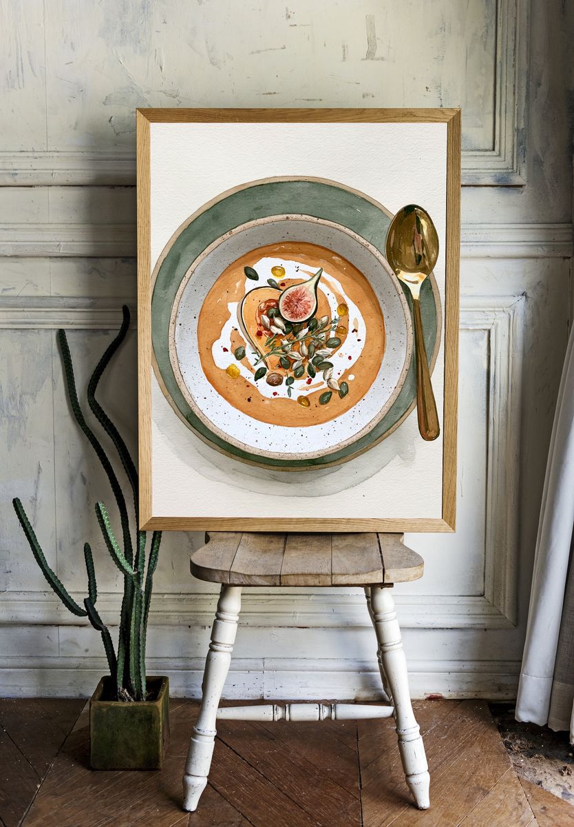 Fig and Soup Bowl Watercolor Print. room preview