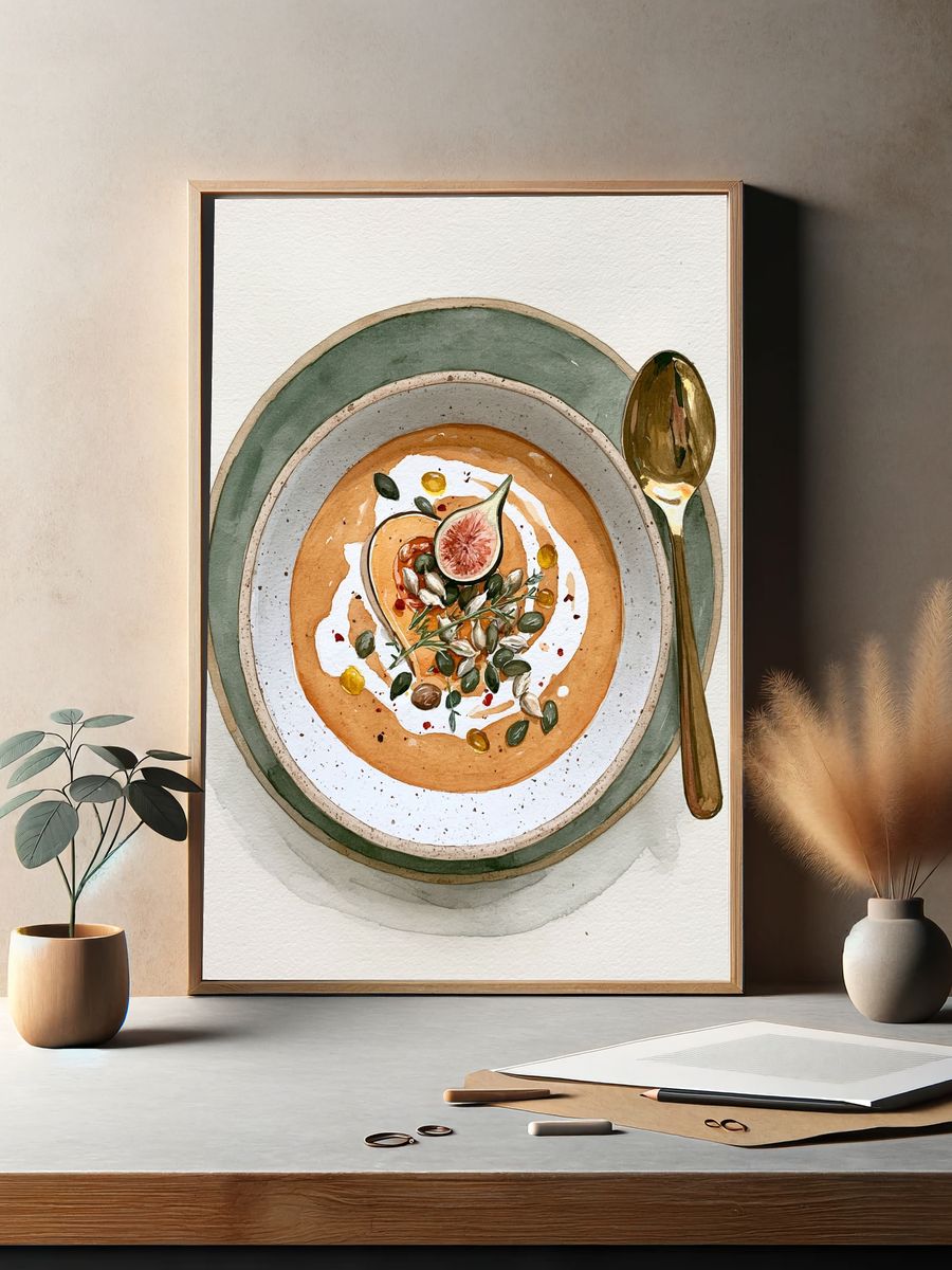 Fig and Soup Bowl Watercolor Print. — room view 2