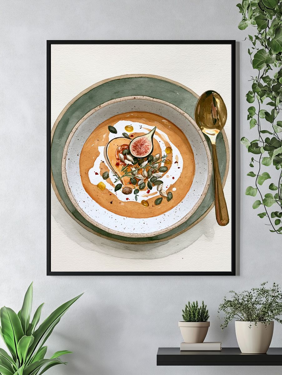 Fig and Soup Bowl Watercolor Print. — room view 4