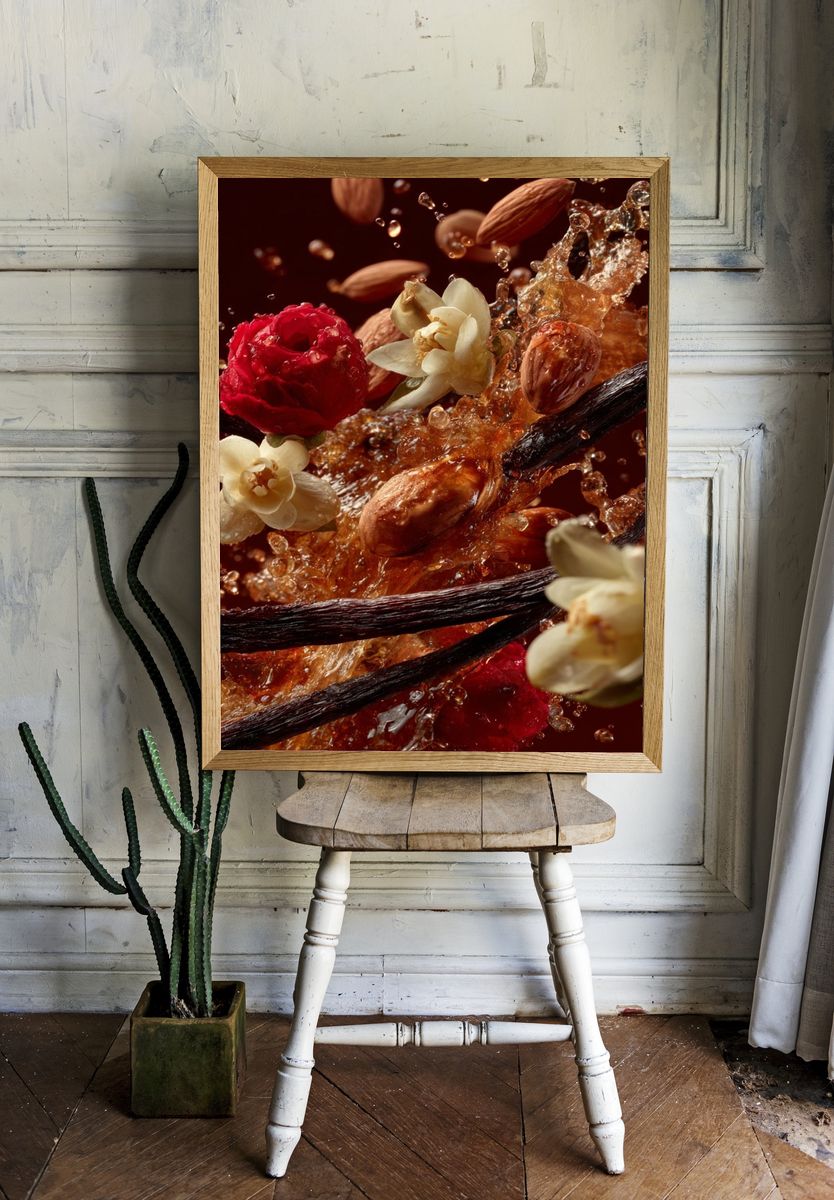 Vanilla Almond Floral Splash Poster. room preview