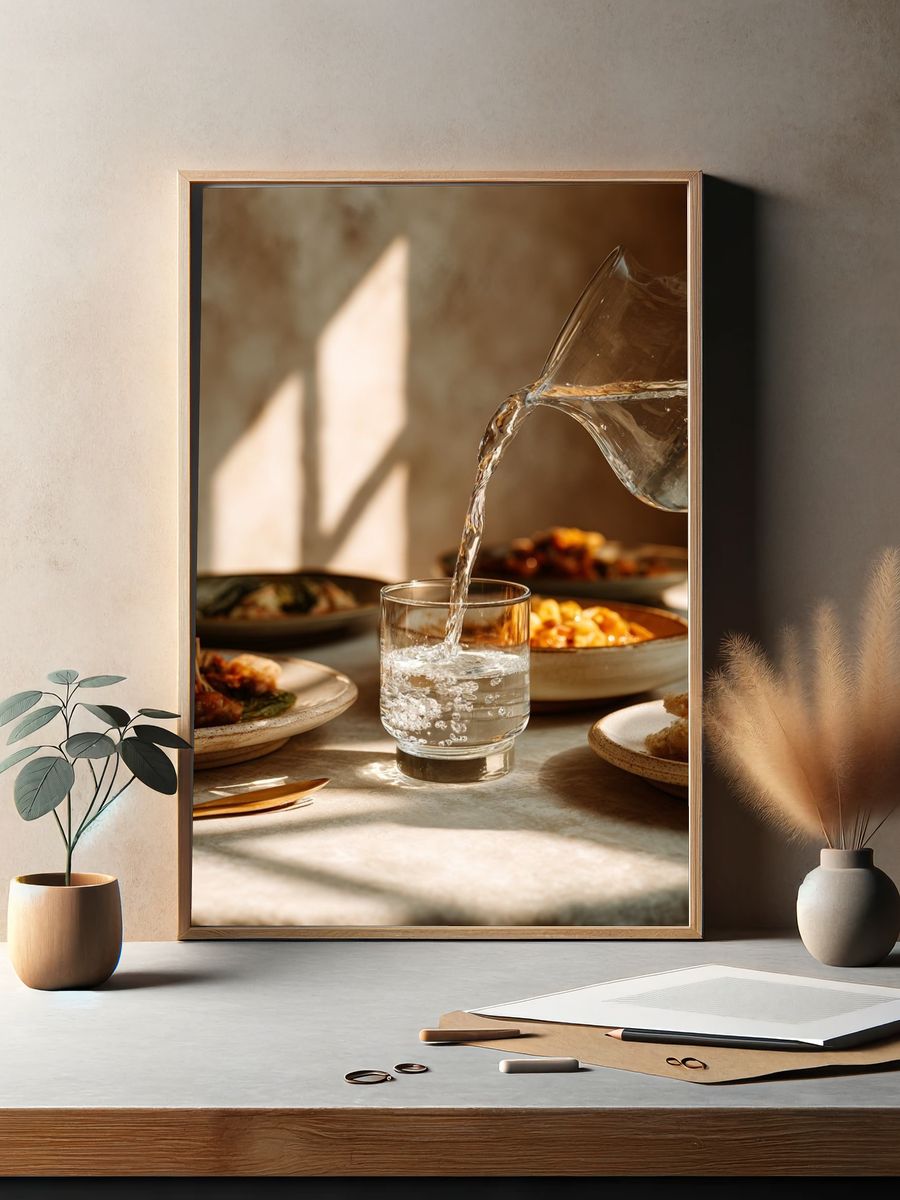 Sunlit Table Water Pour Poster. — room view 2