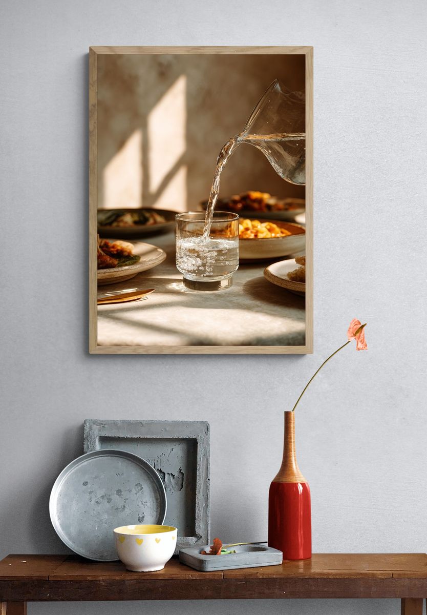 Sunlit Table Water Pour Poster. — room view 3