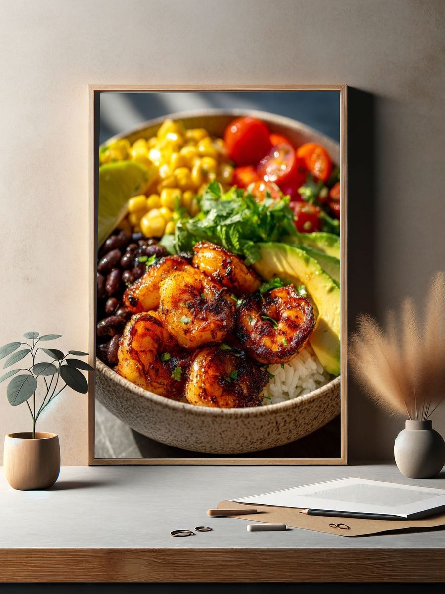 Shrimp Rice Bowl Food Photography Poster. — room view 2