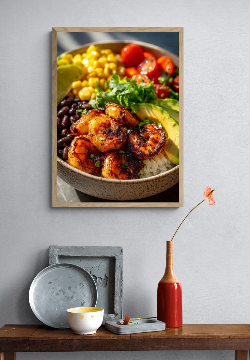Shrimp Rice Bowl Food Photography Poster. — room view 3