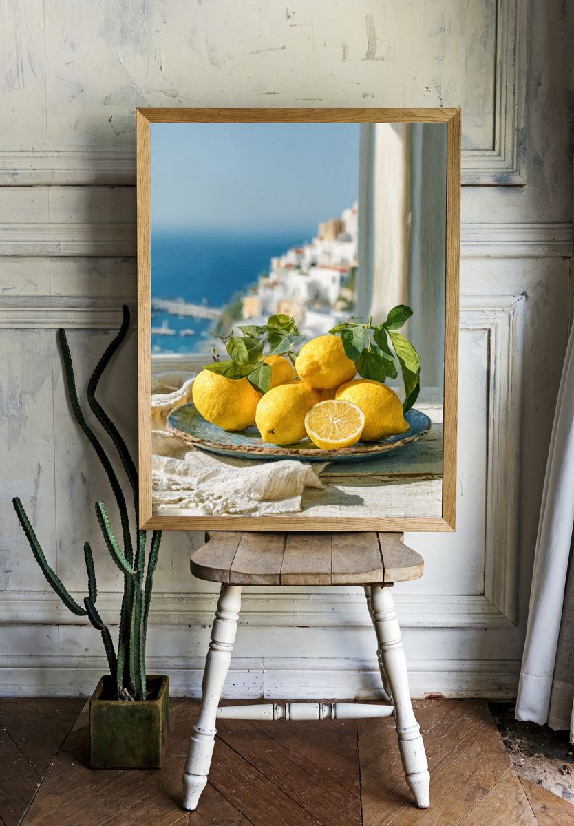Mediterranean Lemons Still Life Print. room preview